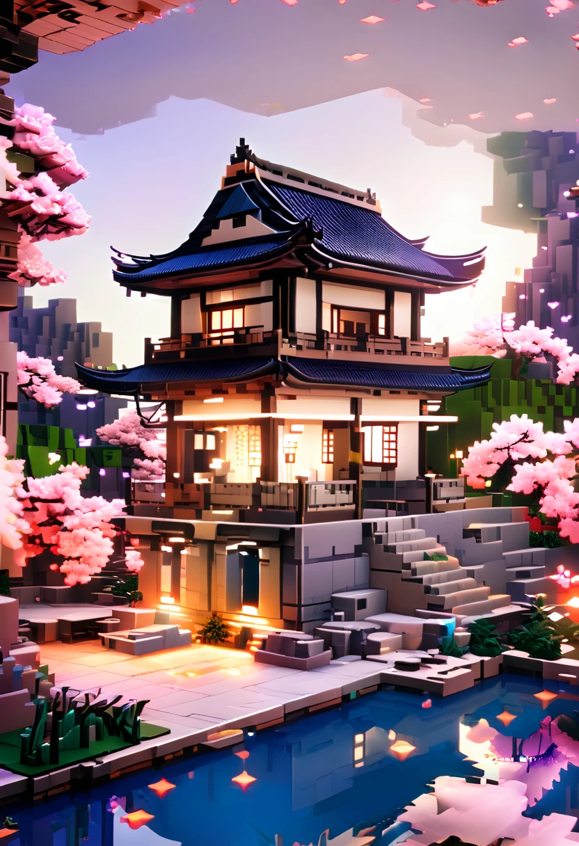 A japanese style house surrounded by cherry blossom 