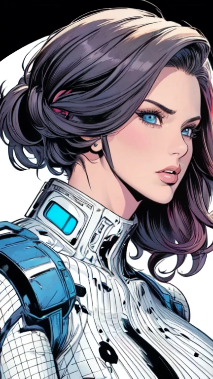 masterpiece,extremely beautiful woman,Excellent sense,(((perfect very white background))),American Comics,(((The Perfect One Woman))),(((one person))),colorful,Highly detailed perfect upper body,highly detailed face,near future,SF,Splatter,cyber punk,