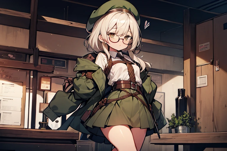 long ahoge,shirt,White hair,Brown eyes,circle-glasses,Brown tie,brown skirt,dark green beret,Dark green jacket,girl with,steampunkai,sleepeace,retro city background,jitome,Frogtie pose, frogtie, bdsm, bondage, bound, bound legs, shibari, rope, spread legs, barefoot, arms behind back,