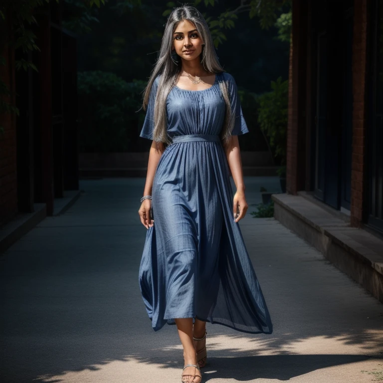 young indian woman in her 30s, with long, straight silver hair, blue eyes, with a beautiful glow, perfect face, perfect body, wearing a beautiful navy blue dress, full body shot, full shot, high definition, realism .