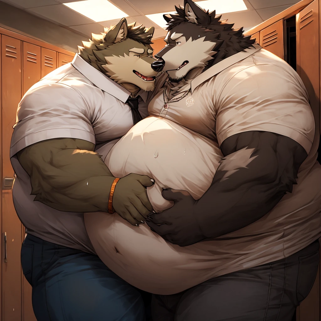 Obese, Chubby , male , furry, fluffy, salivating , wet, kissing , Hug , climaxing face , clothes, wet clothes, sexual, duo daddy boss wolf, fat, big ass, fat butt, obese fat belly, big belly, obese belly, hugging with love, Grab belly fat.
(Extremely Romantic and warm atmosphere, masterpiece) , tight work attire, tight white shirt, black tie, very tight shirt, big belly, very fat belly, belly to belly, sweating, duo fat belly crushef, obese belly crushed, belly crushed, bog belly, locker room, dark, night time, no light, belly to belly, Grab belly fat, very obese, very fat, very huge fat belly, duo anthro obese daddy boss wolf, duo wolf, duo obese wolf, Duo daddy wolf.