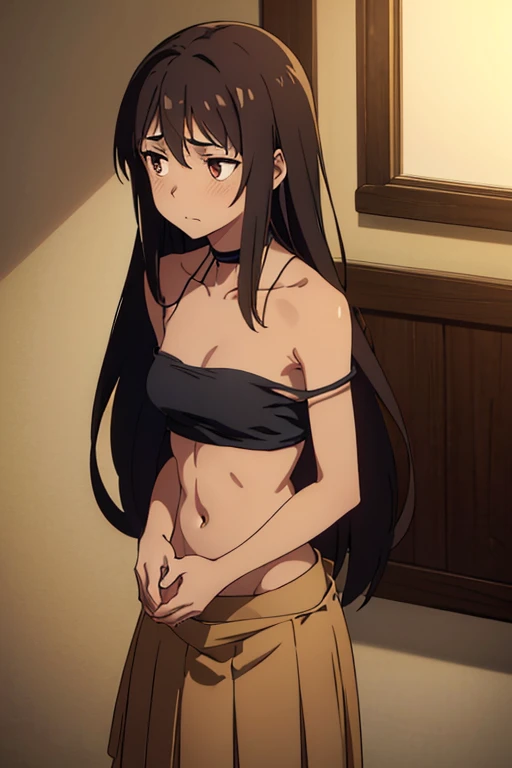 ((best quality)), ((masterpiece)), (detailed), perfect face, brown skin anime girl in a deep V-neck tied top, (bare shoulders), (skirt), (long hair), starving, (resting hands on the stomach), (hands on the stomach), (slim girl), (skinny skin), (embarrassed expression), (20-year-old girl)