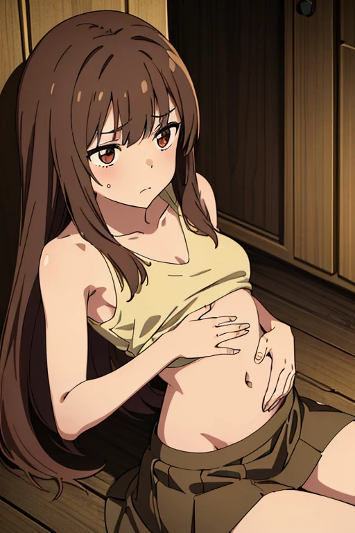 ((best quality)), ((masterpiece)), (detailed), perfect face, brown skin anime girl in a deep V-neck tied top, (bare shoulders), (skirt), (long hair), starving, (resting hands on the stomach), (hands on the stomach), (slim girl), (skinny skin), (embarrassed expression), (20-year-old girl)
