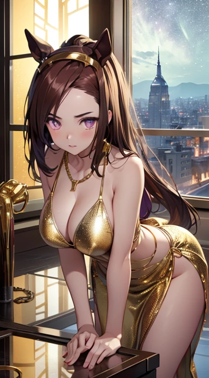 top-quality、Top image quality、sakura bakushin o \(umamusme\)、​masterpiece、girl with((20yr old、Best Bust、big bast、Bust 85、Breasts wide open、A slender、Large valleys、Gold Bikini、Gold Dress,Leaning forward、Reflecting the whole body)）hiquality、Beautiful Art、Background with((Luxury Hotels、Golden Chain、Window with night view)))masutepiece、visualart、depth of fields、