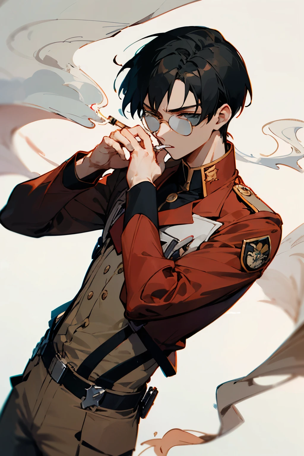 1boy black_hair character_print cigarette cigarette_pack cropped_torso glasses highres holding holding_cigarette male_focus scout_military regiment_uniform mature_male military_uniform mimi_(61743952) object_focus shingeki_no_kyojin lonh_hair smoking solo tsurime uniform eren_yeager