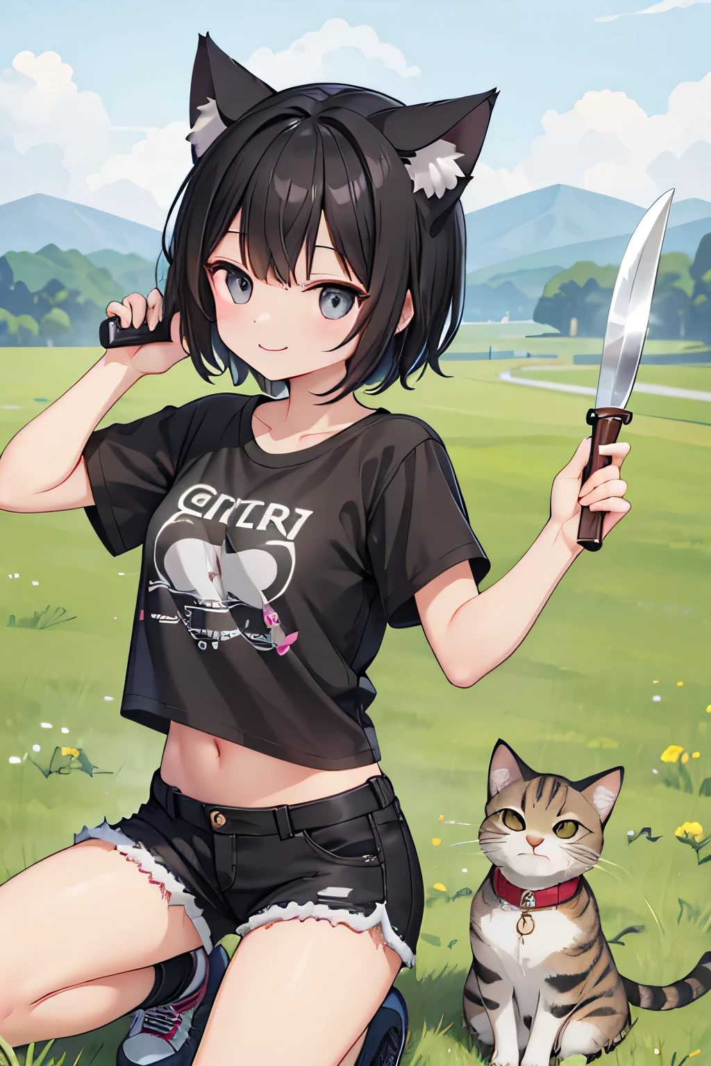 highest quality、smile、、Small breasts、Cat ear、Short black hair、Cropped T-shirt、Shorts、holding a knife in reverse、grassland