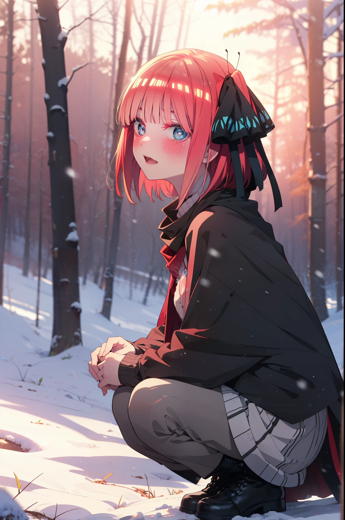 I was silent, Nino Nakano, short hair, bangs, blue eyes, hair ornaments, Hair Ribbon, Pink Hair, blunt bangs, Both sides up, butterfly hair ornaments,smile,blush,White Breath,
Open your mouth,snow,A bonfire on the ground, Outdoor, boots, snowing, From the side, wood, suitcase, Cape, Blurred, Increase your meals, forest, White handbag, nature,  Squat, Mouth closed, フードed Cape, winter, Written boundary depth, Black shoes, red Cape break looking at viewer, Upper Body, whole body, break Outdoor, forest, nature, break (masterpiece:1.2), highest quality, High resolution, unity 8k wallpaper, (shape:0.8), (Beautiful and beautiful eyes:1.6), Highly detailed face, Perfect lighting, Extremely detailed CG, (Perfect hands, Perfect Anatomy),