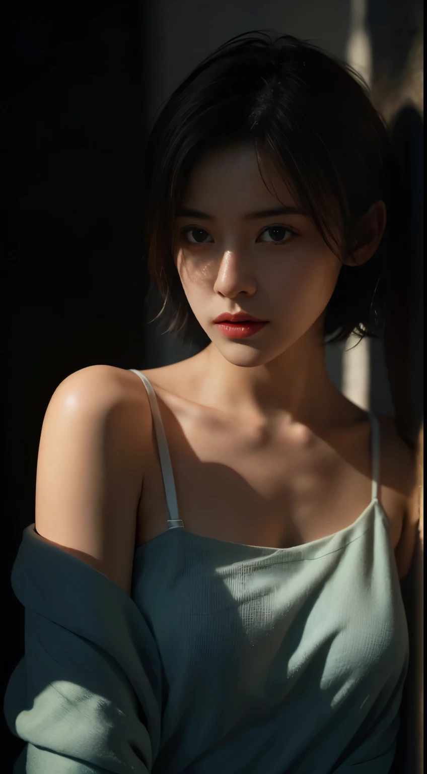 best qualtiy， tmasterpiece， 超高分辨率， （realisticlying：1.6）， RAW photogr， 1girll， bshoulders， in the darkness nigth， deep shading， low tune， cold light，looking to the camera， Sexy look， short detailed hair