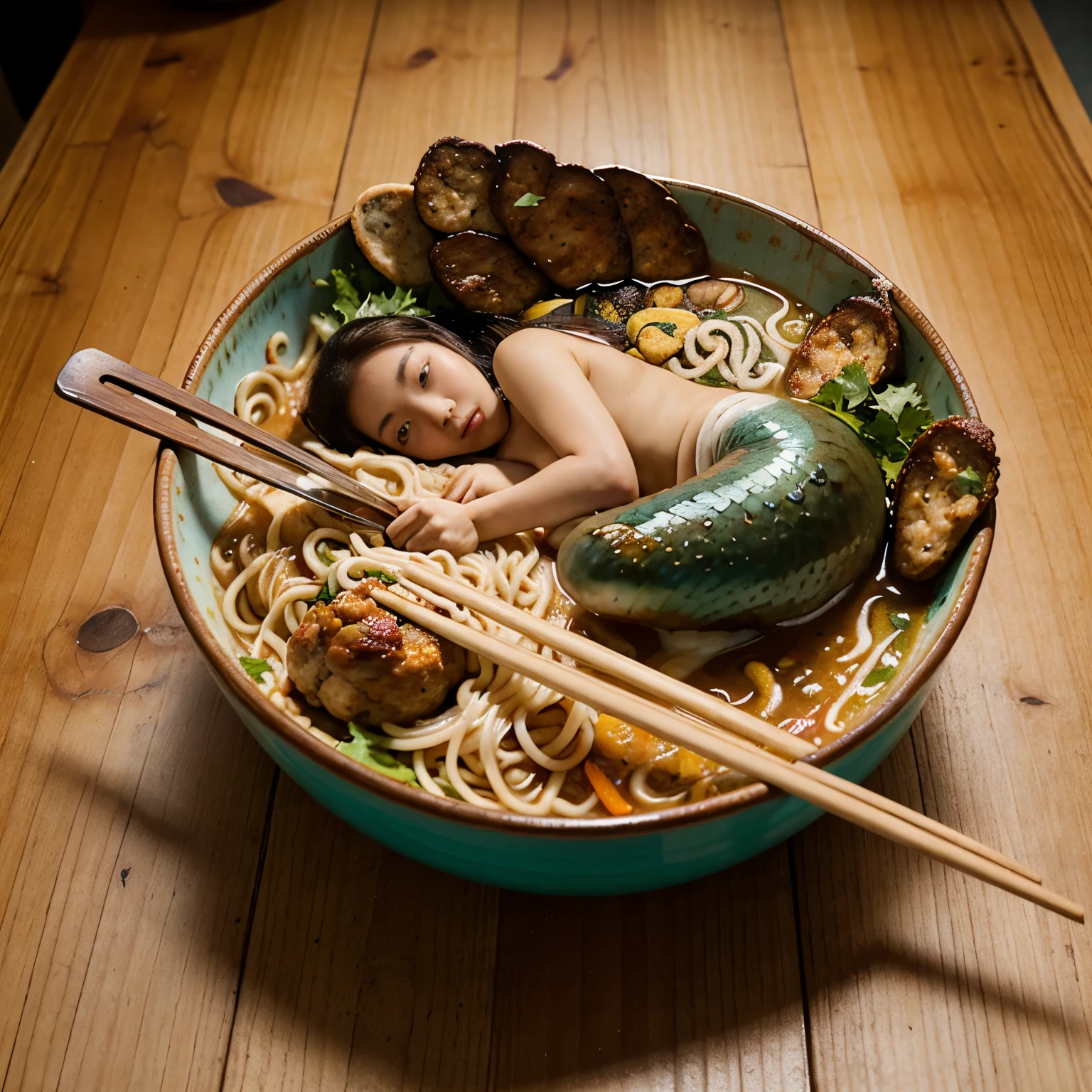 A beautiful Korean mother becomes a ramen mermaid, the mermaid is closed in a ramen bowl, with chopsticks on top of the bowl. Background of mermaid ramen on the table.