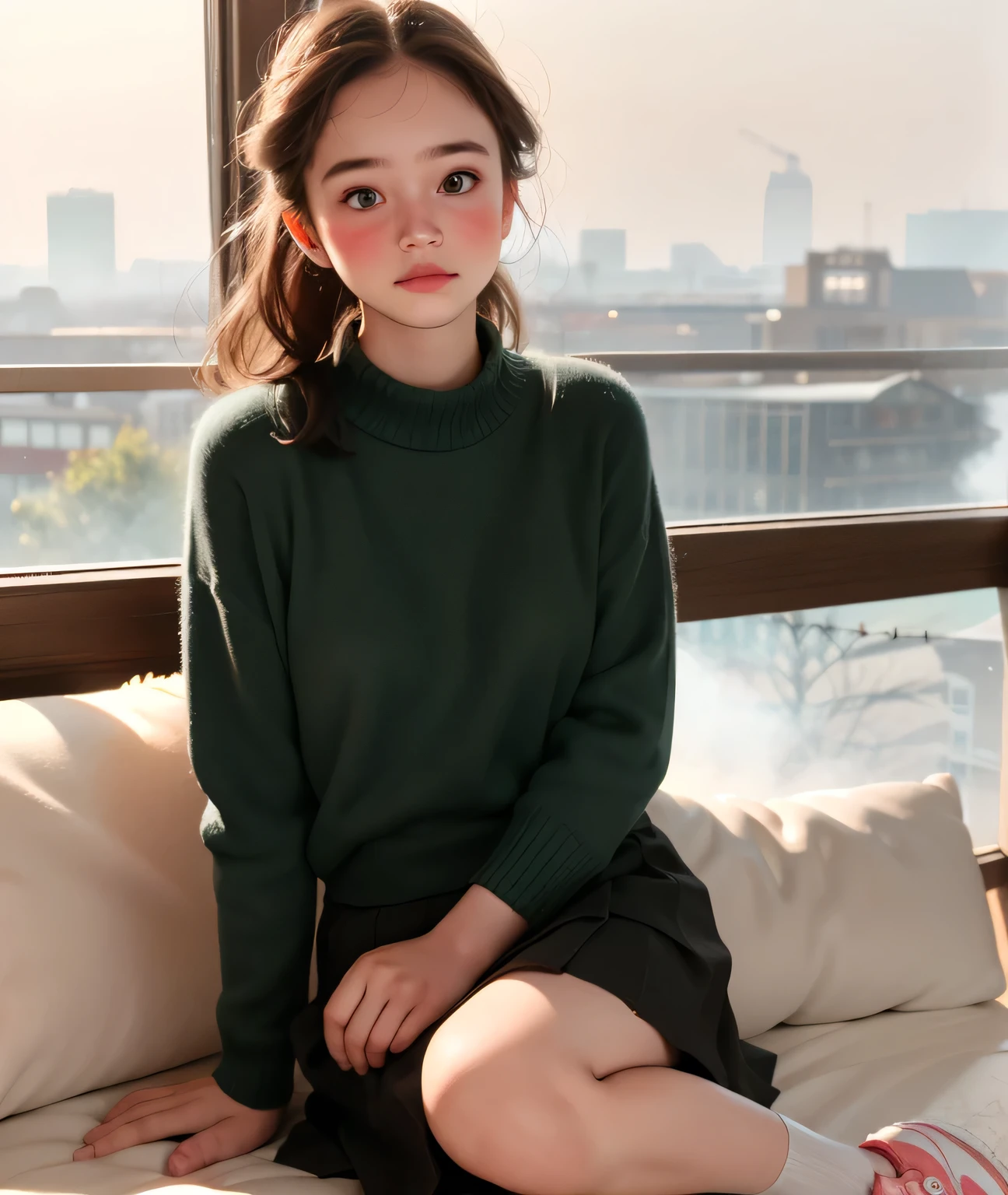 A swedish, American, german, young woman, 20yo, downtown, in large metropolis, collared shirt, sweater, pleated skirt, chuck taylor shoes, smirk ((heavy gaussian blur)), ((soft lighting)), (((extremely hazy:1.2))),, (extremely bright), (dreamy atmosphere), bright vivid colors, (blushing:1.2), sitting on a sofa
