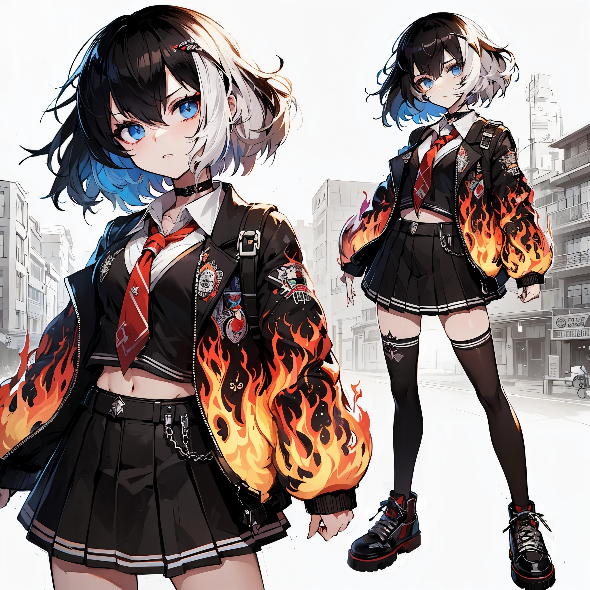 (Masterpiece, top quality), (detailed hair), super detailed, anime style, full body, solo, concept art, badness high school girl, medium short black hair mixed with white hair, Rebellious, sky-blue eyes, wearing fire patterned jacket over black , school shoes, standing in urban area, white background, whole body,
