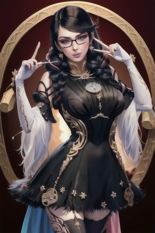 (masterpiece:1.4),(best quality:1.4),(absurdres:1.4),pin-up,	bayonetta_3_twintail_aiwaifu,glasses,blue_eyes ,black_hair,long_hair,two-tone_hair,twintails,breasts,jewelry,earrings,gloves,mole_under_mouth,lips,large_breasts,twin_braids,makeup,black-framed_eyewear,bodysuit,elbow_gloves,very_long_hair,lipstick,multicolored_hair,ribbon,amulet,hair_ribbon,dress,thighhighs,white_gloves,eyeshadow,bangs,clothing_cutout,		(absurdres, highres, incredibly_absurdres:1.4),scenery,masterpiece,