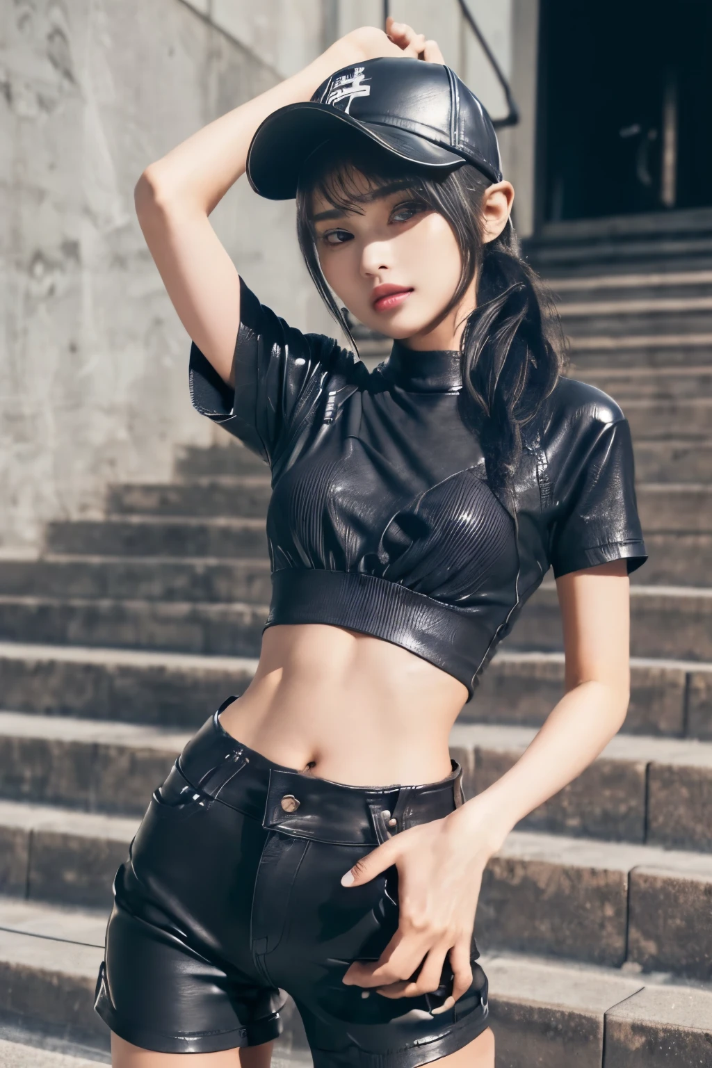 Japanese women、young woman、Cute face、Good looking、smile、beauty、Calm face、Climbing the stairs at the station、Back view、Half Body、Look back here、Overlooking here、Long black hair、(Denim hat、wearing a tight fitting black baseball cap:1.5)、(Tight shorts、short、Leather pants、Black hot pants:1.6)、I can see your thighs、Beautiful legs、Beautiful feet、(tight knit shirt、Short sleeve、丈のshortシャツ、Navel dashi shirt、The shirt is lengthened to below the chest、Tight tops:1.8),emphasize the chest line、Large Breasts、Side bust,Sexy pose、charm、(The line of underwear is visible、See-through bra)、Pale Light、smile、(Thin eyebrows、Thin lips、Beautiful idol:1.5)
