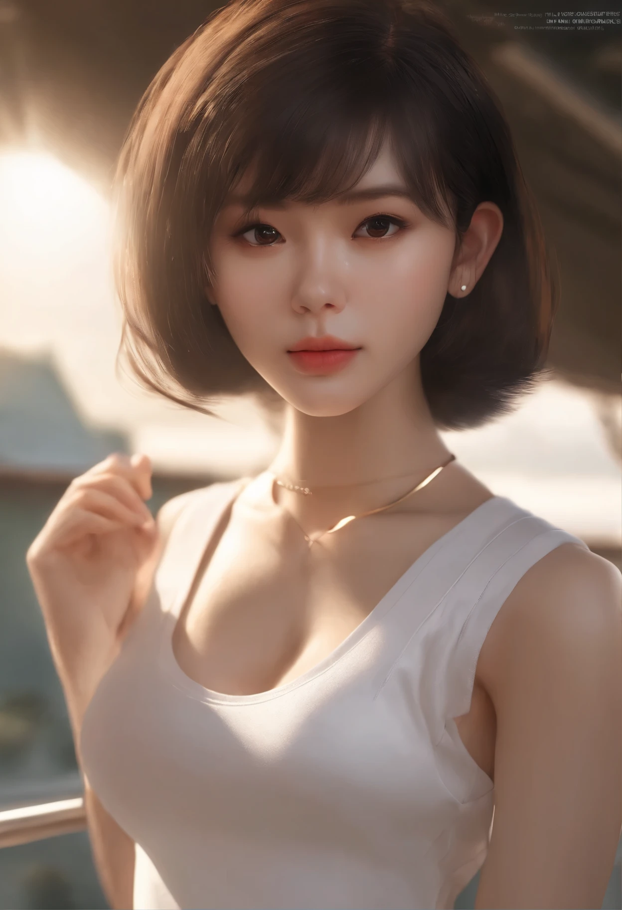 1girl, solo, white polo shirt, white sneakers, tennis wear, white miniskirt, masterpiece, best quality, realistic, hyper-detailed, (shiny skin, sweaty:1.4), absurd, looking at viewer, short black hair, brown eyes, slender, dynamic lighting, high resolution, sharp focus, depth of field, detailed eyes, sharp pupils, realistic pupils, (small breasts:1.6), (thick thighs:1.0), outdoor, sky