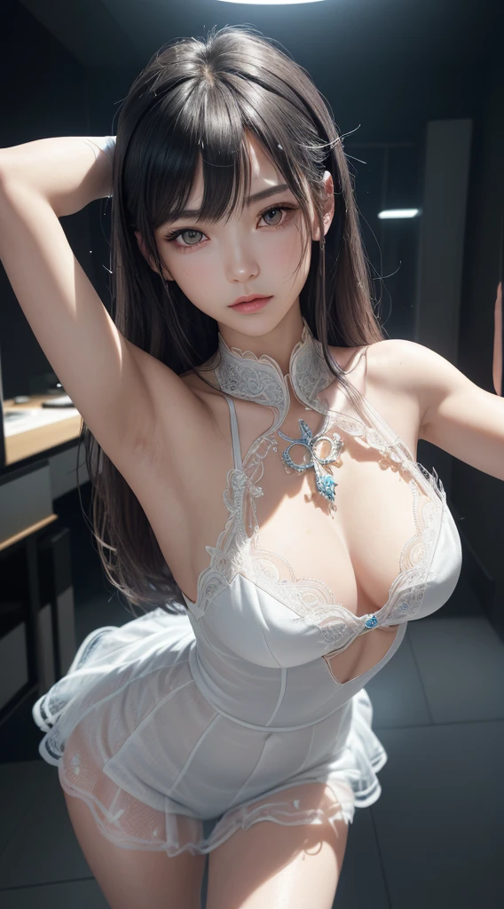 ((Mastepiece))、((Best Quality))、high quality、High definition、High resolution、High detail、cyber punk、Lens flare、Ray Tracing、Side light、high qualityなshadow、high qualityなテクスチャ、Detailed texture、Beautiful details、Full Figure、whole body、(Beautiful delicate face with details、Detailed beautiful delicate eyes、Perfect Facial Proportions、Detailed skin、Charm、Realistic and colorful)、((Slender beauty)) 、(Intricate detailakeup、Pure Eros Face)、Mesh hair color、Beautiful bangs、Detailed chest、Large upward-facing breasts、Beautiful feet、Detailed fingertips、Raise your arms、See-through、high school girl、uniform