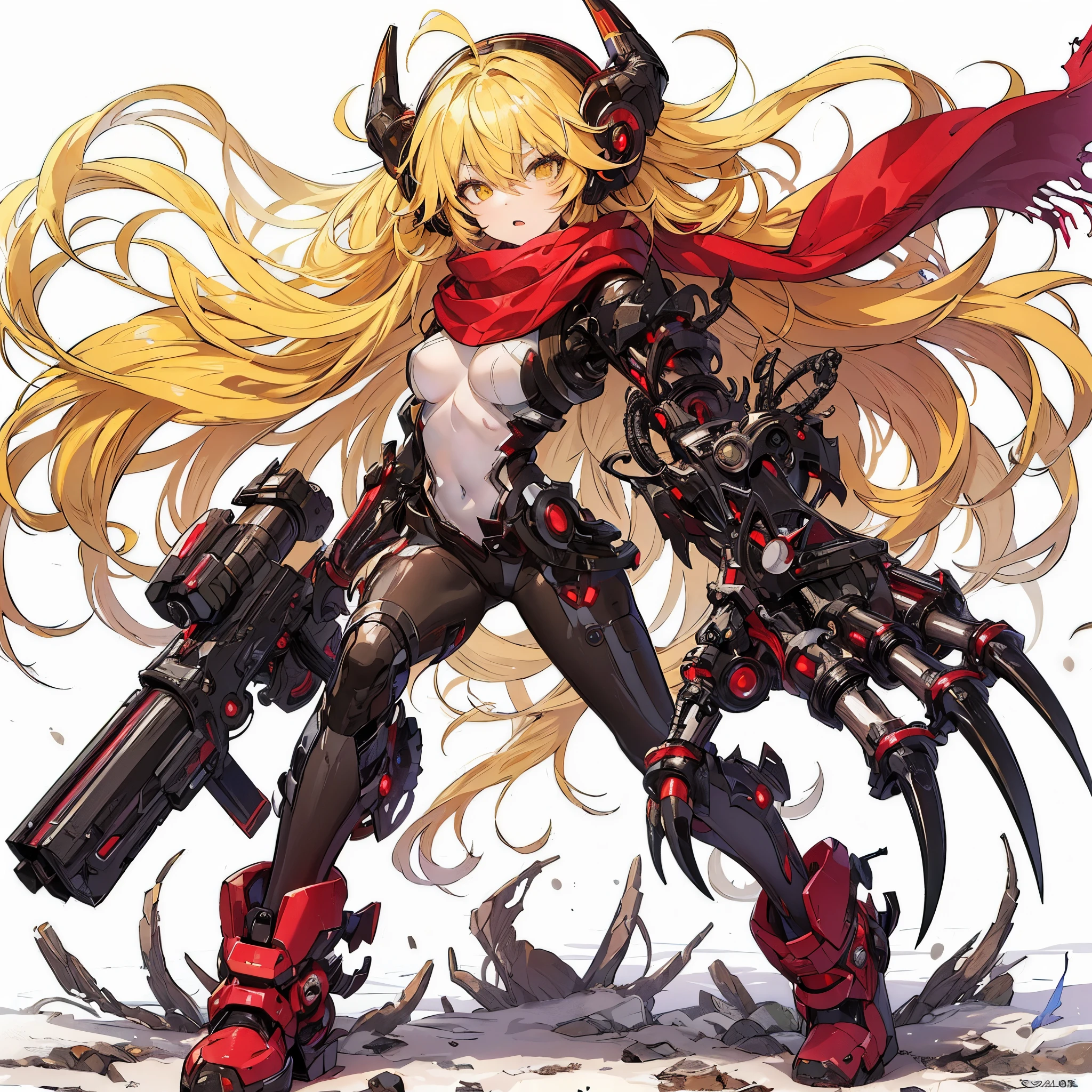 (Masterpiece, top quality), (detailed hair), super detailed, anime style, full body, solo, concept art, science fantasy-fighter girl, yellow hair mixed with black hair, gold eyes, right hand converted to cybernetic terrifying claw. cyber-suits, and red muffler, cyber horned, wearing long boots, white background, whole body, standing in wasteland,
