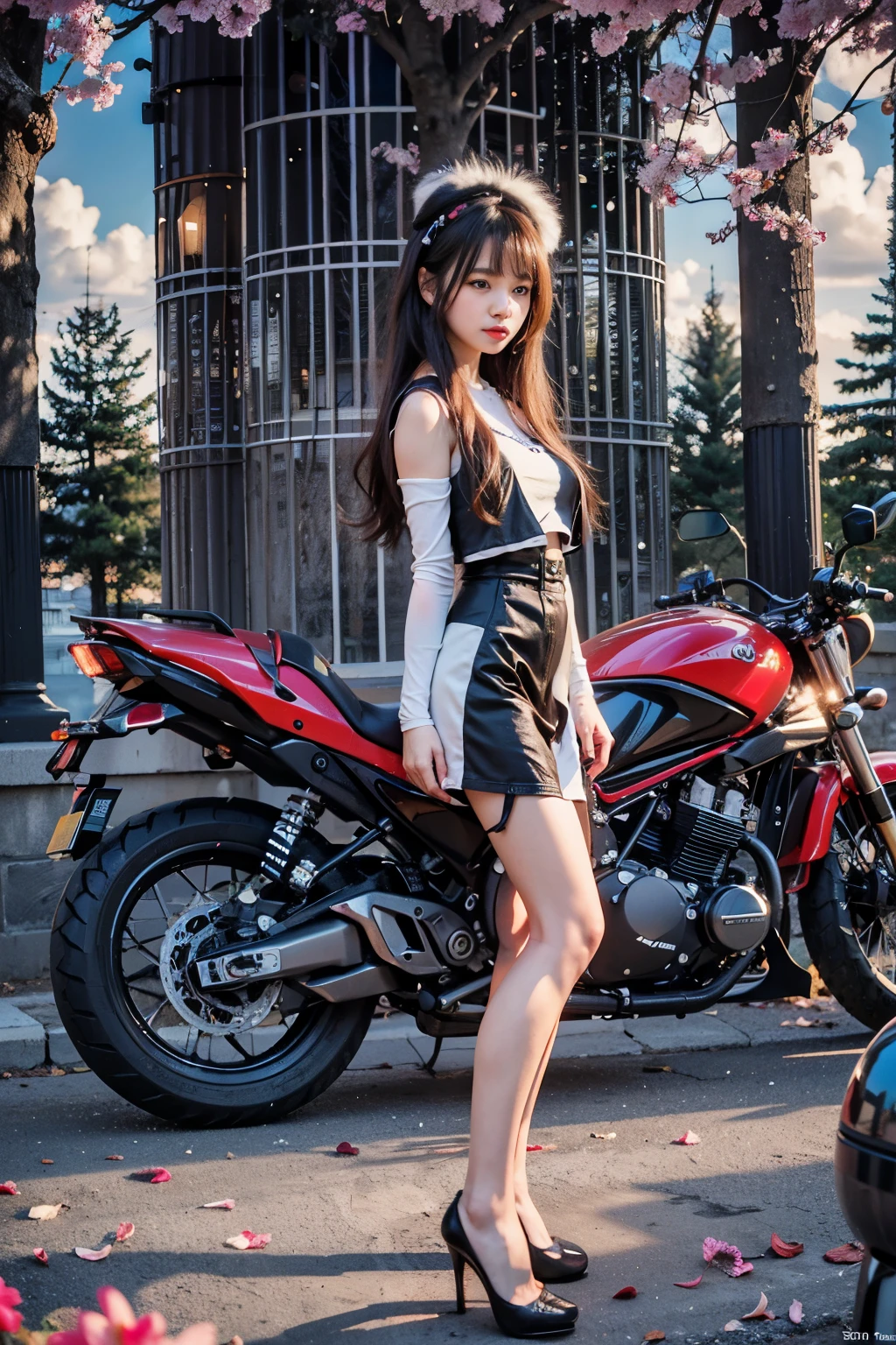 Masterpieces，Higher quality，Ultra-high resolution，8k resolution，Written boundary depth，Panoramic View，First Person View，Bright colors，that&#39;Do it perfectly，Slender girl，The only person，smile，Big eyes，Long Chestnut Hair，collar，Bangles，To the audience，evening，Natural soft light、Riding on motorcycle、Racing Suits、Full Body Shot