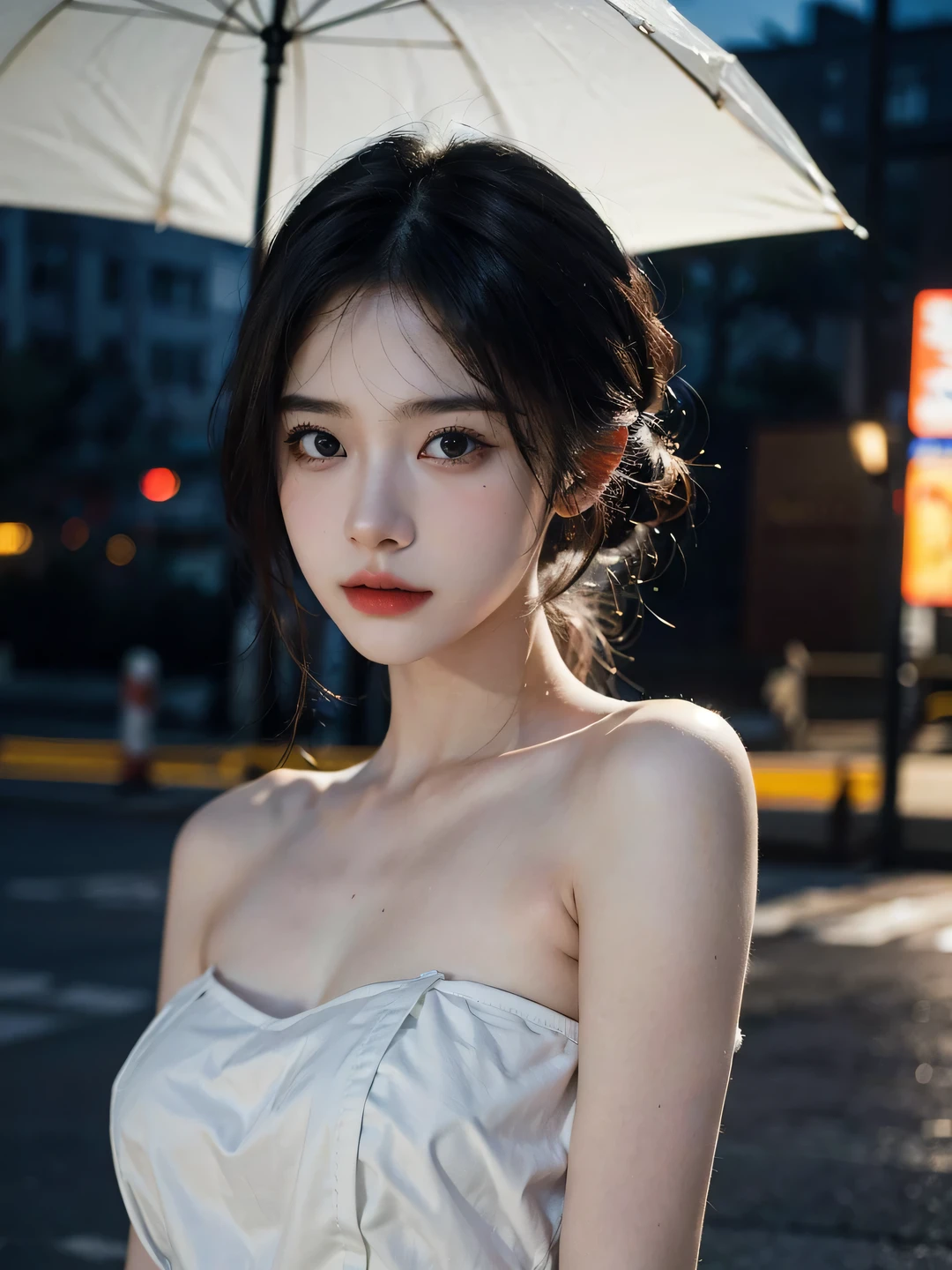 1girl, (looking at viewer:1.2), detail face, (a girl standing, rending on cgsociety, black shadows, streaming, new york backdrop), romanticism, atmospheric, (RAW photo, best quality), (realistic, photo-realistic:1.3), masterpiece, an extremely delicate and beautiful, extremely detailed, Translucent white tube top1.5,