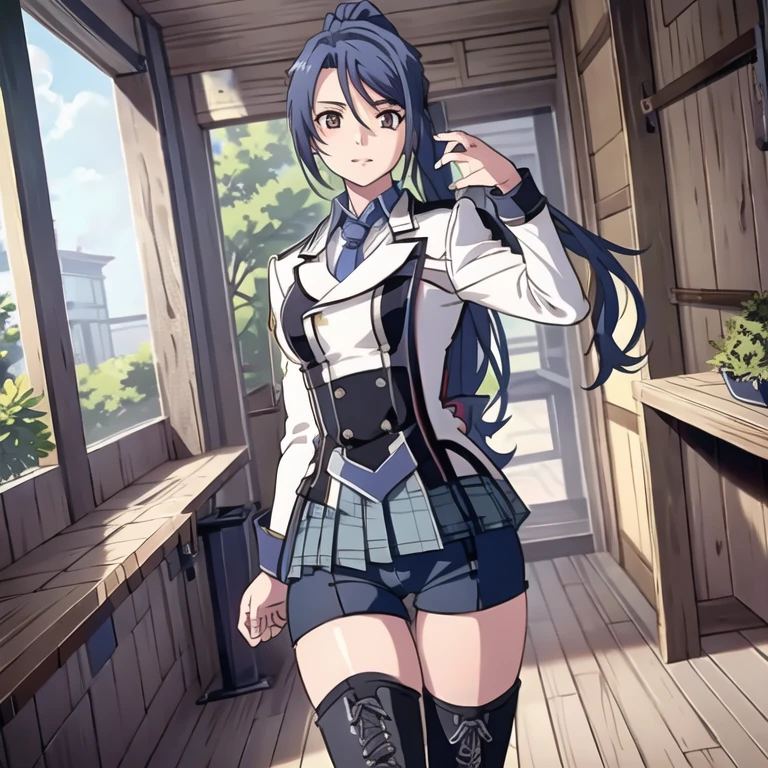 masterpiece, ultra high quality cg, perfect image, best quality, laura arseid, long ponytail, white coat, ascot, blue shirt, spandex shorts, black pantyhose, knee-high cross-laced boots, black boots, standing, rustic village setting, 1girl, Exquisite visuals, high-definition, best quality, high-definition, best quality,