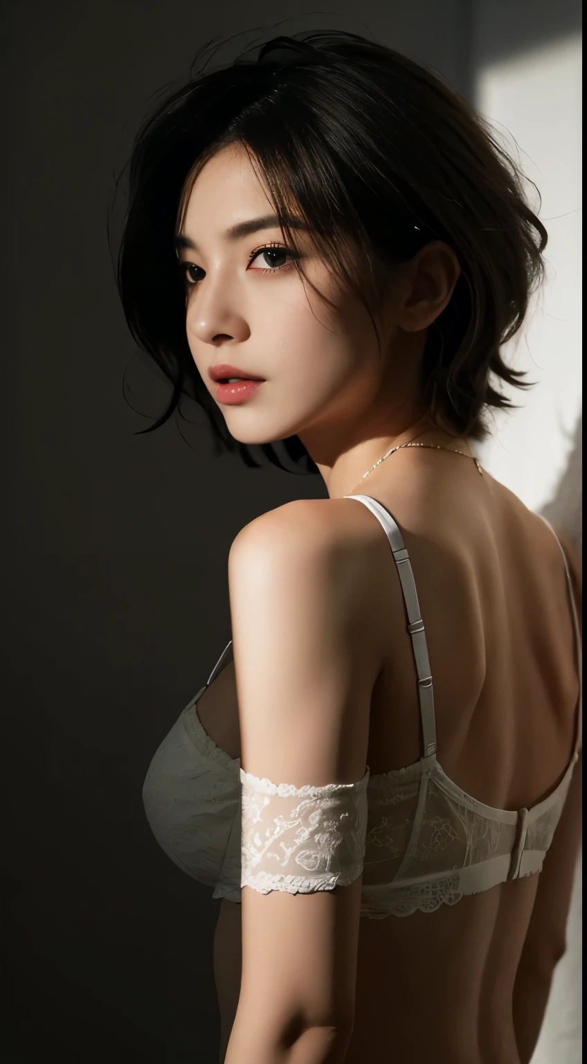 Best quality, masterpiece, ultra high res, (photorealistic:1.5), raw photo, 1girl, offshoulder, in the dark, deep shadow, low key, cold light, sexy look, short hair, smooth , simple bra , strap, leaf shadow