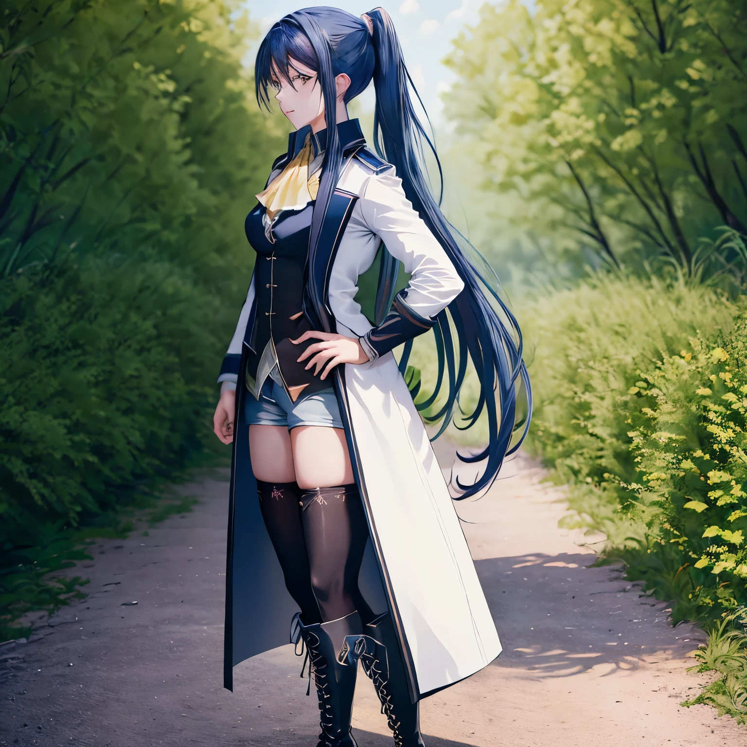 masterpiece, ultra high quality cg, perfect image, best quality, laura arseid, long ponytail, white coat, ascot, blue shirt, spandex shorts, black pantyhose, knee-high cross-laced boots, black boots, standing, rustic village setting, 1girl, Exquisite visuals, high-definition, best quality, high-definition, best quality,