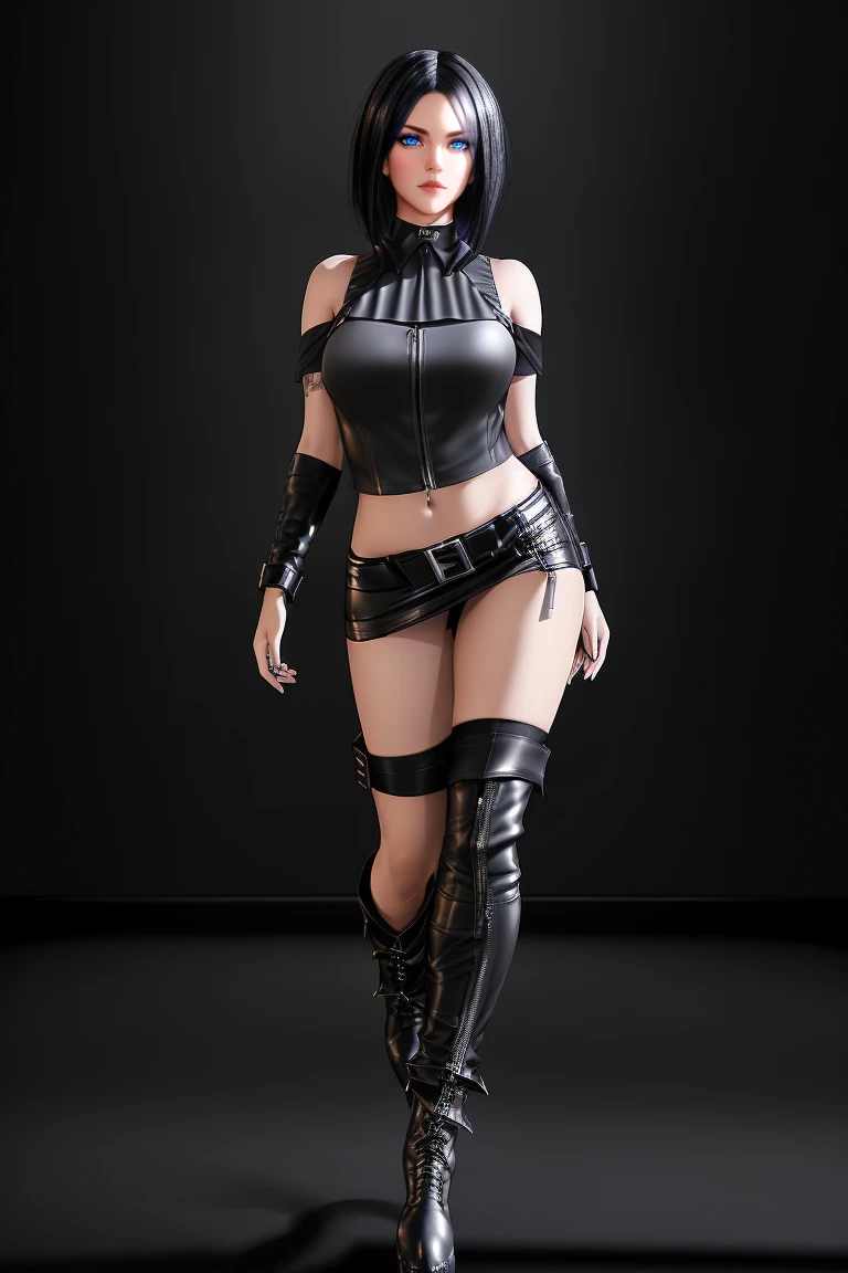 25-Year-Old Woman, Full Body, Adult, ((standing:1.4)), (confident gaze:1.1), short bright neon streaked black hair, ((realistic highly detailed eyes:1.4)), ((seductive pose:1.2)), black eyeshadow, (street style wear:1.2), ((short skirt)), ((knee high leather boots)), ((dark plain black background:1.4)), Serious Face,Realistic Face Resolution,Realistic,Object Resolution