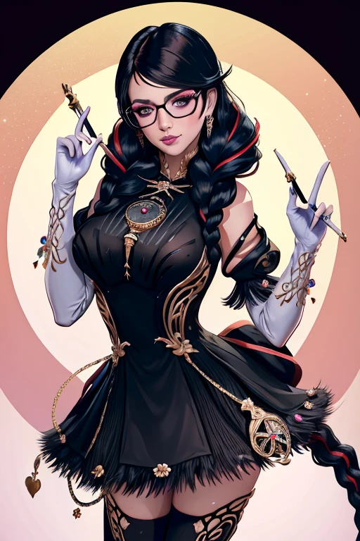 (masterpiece:1.4),(best quality:1.4),(absurdres:1.4),pin-up,	bayonetta_3_twintail_aiwaifu,glasses,blue_eyes ,black_hair,long_hair,two-tone_hair,twintails,breasts,jewelry,earrings,gloves,mole_under_mouth,lips,large_breasts,twin_braids,makeup,black-framed_eyewear,bodysuit,elbow_gloves,very_long_hair,lipstick,multicolored_hair,ribbon,amulet,hair_ribbon,dress,thighhighs,white_gloves,eyeshadow,bangs,clothing_cutout,		(absurdres, highres, incredibly_absurdres:1.4),scenery,masterpiece,