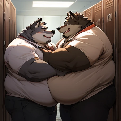 Obese, Chubby , male , furry, fluffy, salivating , wet,  kissing , Hug , climaxing face , clothes, wet clothes, sexual, duo daddy boss wolf, fat, big ass, fat butt, obese fat belly, big belly, obese belly, hugging with love, Grab belly fat.
(Extremely Romantic and warm atmosphere, masterpiece) , tight work attire, tight white shirt, black tie, very tight shirt, big belly, very fat belly, belly to belly, sweating, duo fat belly crushef, obese belly crushed, belly crushed, bog belly, locker room, dark, night time, no light, belly to belly, Grab belly fat, very obese, very fat, very huge fat belly, duo anthro obese daddy boss wolf, duo wolf, duo obese wolf, Duo daddy wolf.