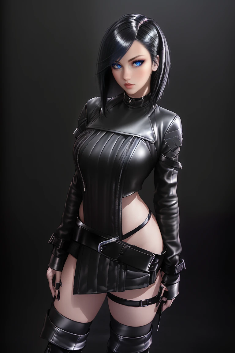 25-Year-Old Woman, Full Body, Adult, ((standing:1.4)), (confident gaze:1.1), short bright neon streaked black hair, ((realistic highly detailed eyes:1.4)), ((seductive pose:1.2)), black eyeshadow, (street style wear:1.2), ((short skirt)), ((knee high leather boots)), ((dark plain black background:1.4)), Serious Face,Realistic Face Resolution,Realistic,Object Resolution