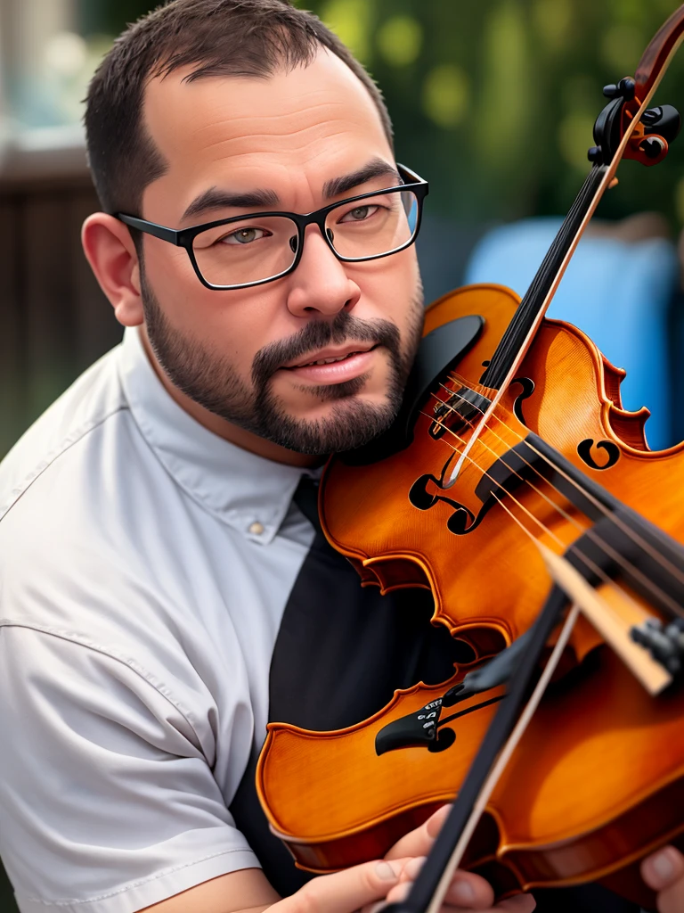 (40 years old daddy:1.1), 1boy, Solo, round face, short hair, brown eyes, beefy body, (big shoulders), big pecs, big pectorals, stubbles, Short beard, Beautiful eyes:1.3, (Detailed face:1.3), wearing glasses, Dynamic Angle, volumetric lighting, (Best quality, A high resolution, Photorealistic), Cinematic lighting, Masterpiece, RAW photo, stock photo, Intricate details, hdr, depth of field, man wearing white shirt and t-shirt, playing violin, a violinist enjoy music,