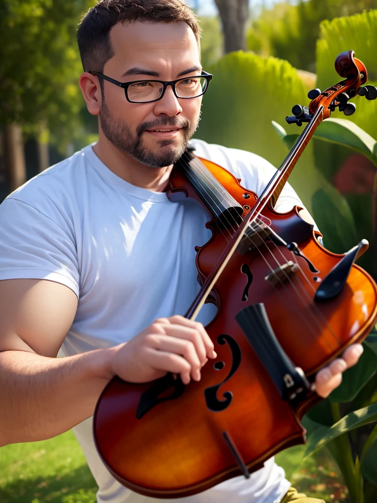(40 years old daddy:1.1), 1boy, Solo, round face, short hair, brown eyes, beefy body, (big shoulders), big pecs, big pectorals, stubbles, Short beard, Beautiful eyes:1.3, (Detailed face:1.3), wearing glasses, Dynamic Angle, volumetric lighting, (Best quality, A high resolution, Photorealistic), Cinematic lighting, Masterpiece, RAW photo, stock photo, Intricate details, hdr, depth of field, man wearing white shirt and t-shirt, playing violin, a violinist enjoy music,