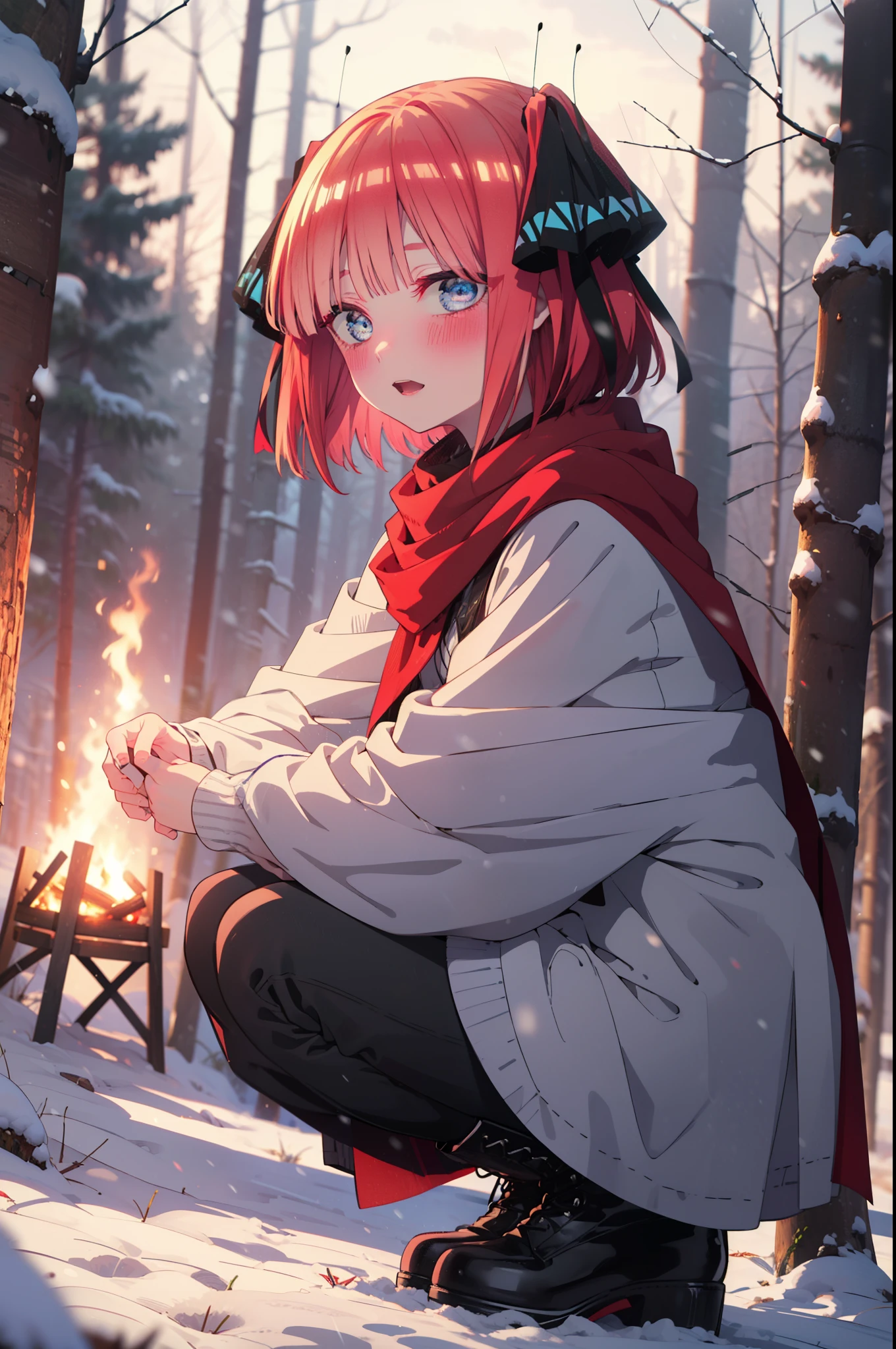 I was silent, Nino Nakano, short hair, bangs, blue eyes, hair ornaments, Hair Ribbon, Pink Hair, blunt bangs, Both sides up, butterfly hair ornaments,smile,blush,White Breath,
Open your mouth,snow,A bonfire on the ground, Outdoor, boots, snowing, From the side, wood, suitcase, Cape, Blurred, Increase your meals, forest, White handbag, nature, Squat, Mouth closed, フードed Cape, winter, Written boundary depth, Black shoes, red Cape break looking at viewer, Upper Body, whole body, break Outdoor, forest, nature, break (masterpiece:1.2), highest quality, High resolution, unity 8k wallpaper, (shape:0.8), (Beautiful and beautiful eyes:1.6), Highly detailed face, Perfect lighting, Extremely detailed CG, (Perfect hands, Perfect Anatomy),