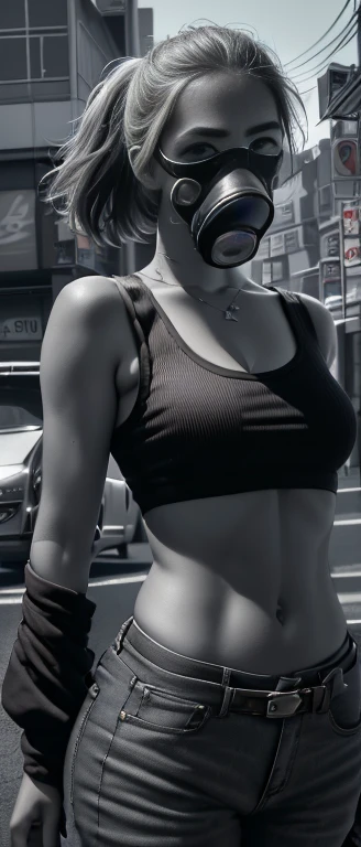 A 20-year-old female, Blonde, (High-top gradient:1.3), Dark theme, Soothing Tones, pastel colors, High contrast, (Natural skin texture, Surrealism, Soft Light, sharp),((Show off your whole body)),Tokyo Street,Yamaguchi Gumi,Samurai sword,Gas masks,Wearing exquisite kimono,Stand at the intersection of the street
