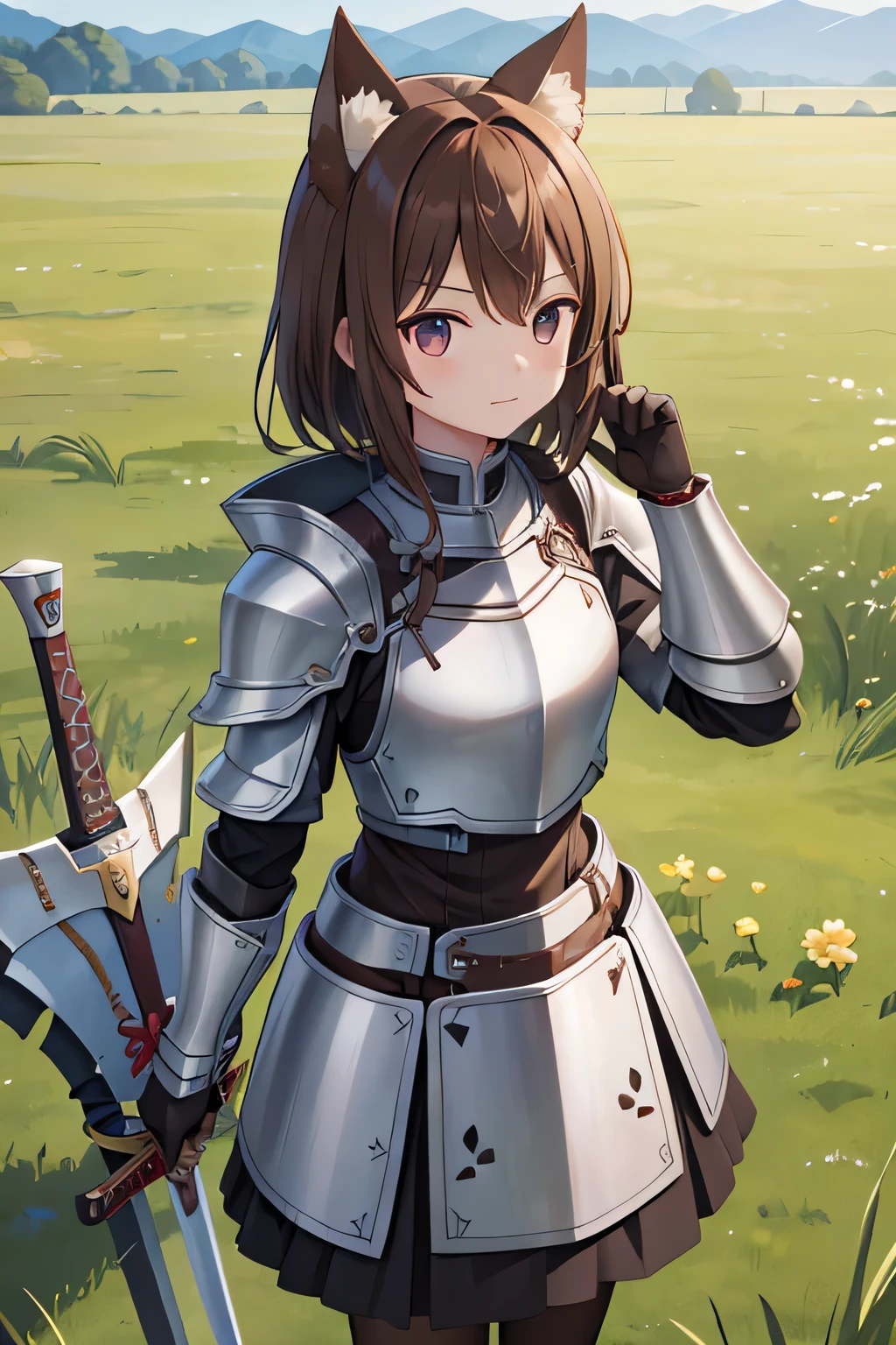 highest quality、、Dog ears、Brown hair short、metal armor、Metal shield in left hand、Great sword in right hand、grassland
