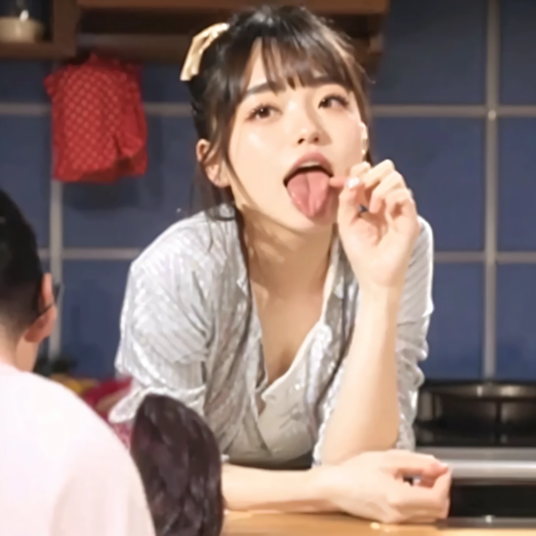 Woman sticking out her tongue in kitchen with man behind her, Ayaka, Ayami, shikamimi, Ayami koj ima, yukii morita, harumi, Liked, yasumoto oka, Cool girl, kimi takemura, Glancing sideways, takada akemi, A scene from a live-action movie, Beasts