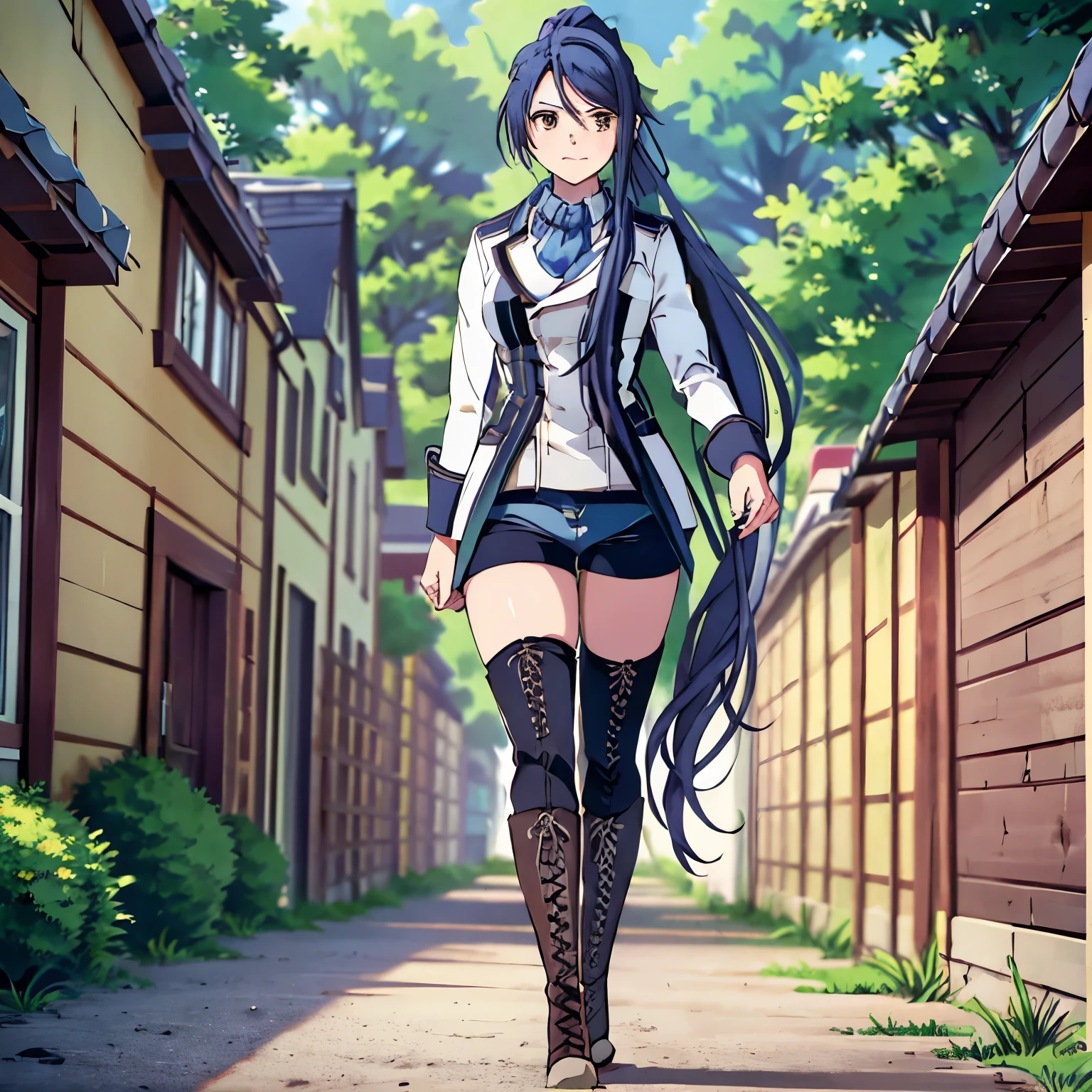 masterpiece, ultra high quality cg, perfect image, best quality, laura arseid, long ponytail, white coat, ascot, blue shirt, spandex shorts, black pantyhose, knee-high cross-laced boots, black boots, standing, rustic village setting, 1girl, Exquisite visuals, high-definition, best quality, high-definition, best quality,