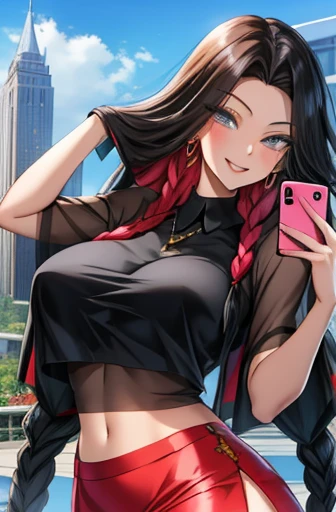 anime, 28 year old woman, taking a selfie, mischievous smile, long hair, dark hair color, stylish hairstyle, side hair long lush hair, long curls of hair pulled to the sides, Braids within the hair, curvy body, proportional body, sexy girl, beautiful mature girl, lovable character, crop top, short skirt, clarity, detailed, detailed face, very detailed drawing, smile, flirty look, city background, saturated background, perfect composition, soft natural volumetric cinematic perfect light, masterpiece