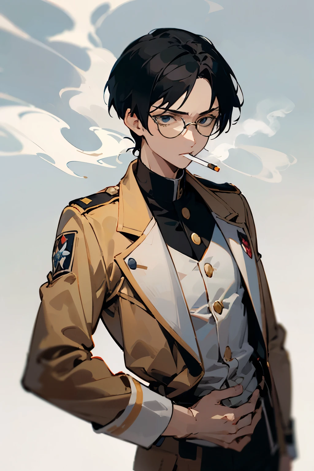 1boy black_hair character_print cigarette cigarette_pack cropped_torso glasses highres holding holding_cigarette male_focus scout_military regiment_uniform mature_male military_uniform mimi_(61743952) object_focus shingeki_no_kyojin lonh_hair smoking solo tsurime uniform eren_yeager with black background of cigrette pack with a lighter on his right hand
