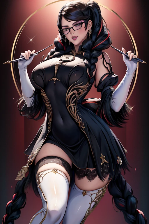 (masterpiece:1.4),(best quality:1.4),(absurdres:1.4),pin-up,	bayonetta_3_twintail_aiwaifu,glasses,blue_eyes ,black_hair,long_hair,two-tone_hair,twintails,breasts,jewelry,earrings,gloves,mole_under_mouth,lips,large_breasts,twin_braids,makeup,black-framed_eyewear,bodysuit,elbow_gloves,very_long_hair,lipstick,multicolored_hair,ribbon,amulet,hair_ribbon,dress,thighhighs,white_gloves,eyeshadow,bangs,clothing_cutout,		(absurdres, highres, incredibly_absurdres:1.4),scenery,masterpiece,