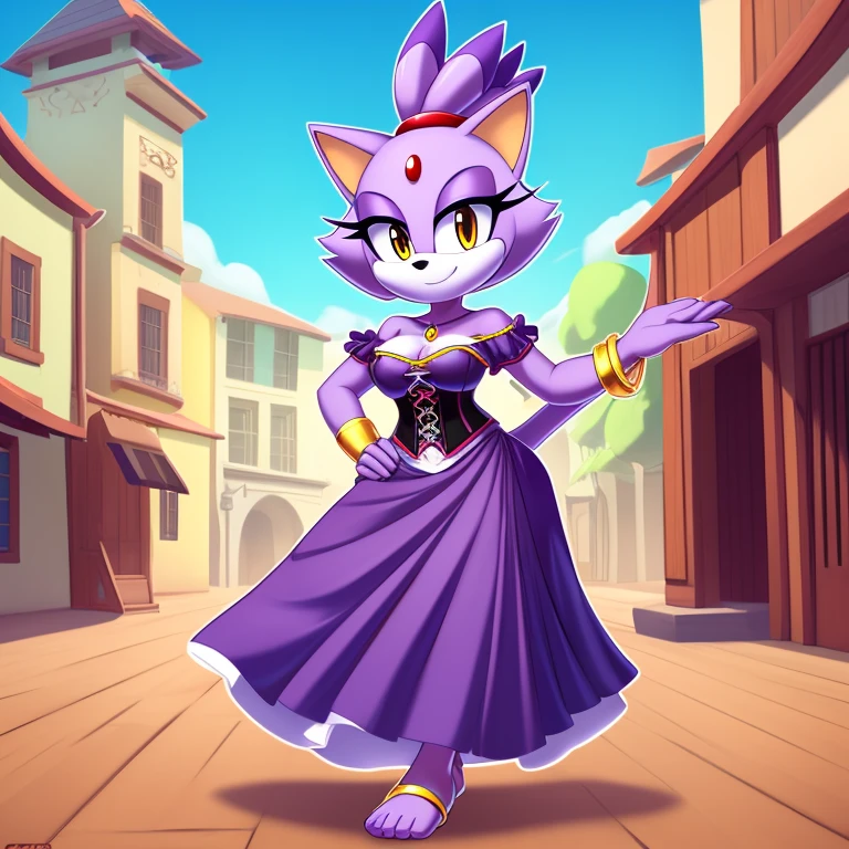 score_9, score_8_up, 2d, 1girl, blaze the cat, amber eyes, lavender fur, solo, jewelry, barefoot, gold bangle bracelt, breasts, cleavage, anklet, off shoulder, purple skirt, smile, hand on hip, pink hairband, long skirt, full body, white shirt, bare shoulders, makeup, puffy sleeves, medium breasts, green cincher corset, off-shoulder shirt, standing, bangle, puffy short sleeves, dancing, eyeshadow, dress, short sleeves, outline, toes, underbust, looking to the side, collarbone, town sqaure background, day, esmarelda cosplay,