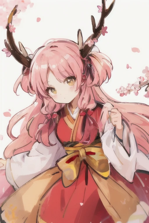 A girl with pink hair and deer antlers。Hair is longer than waist。wavy_hair。two side up。Golden Eyes。The top is a light pink kimono、She is wearing a long red skirt underneath。Cherry blossoms are blooming on the deer&#39;s antlers。There is a big pink ribbon on the belly of the skirt.