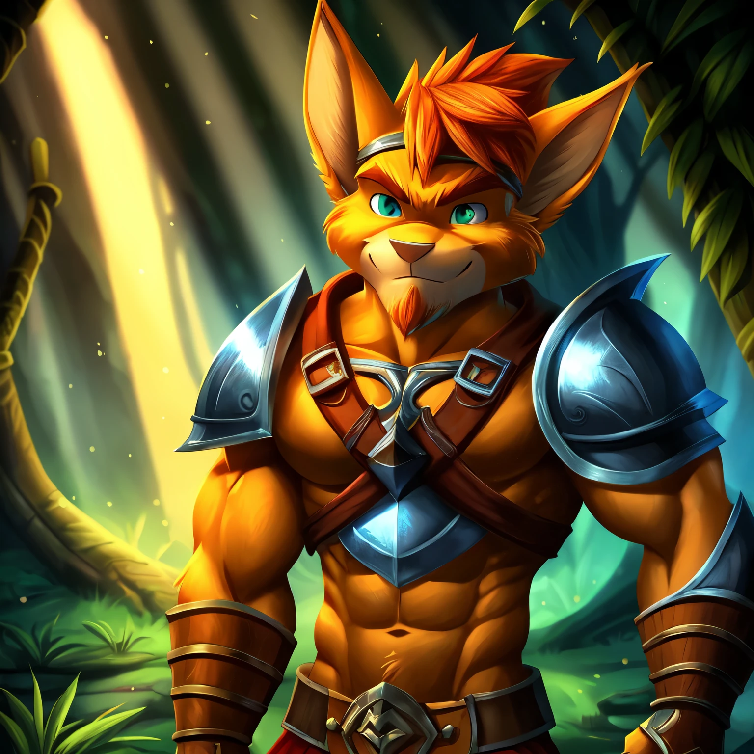 (ultra detailed), a magnificent full-size portrait of Jak, the renowned hero from Jak and Daxter, showcasing his superbly muscled physique. He is attired in the heroic armor of Zeya, a knight from Knights of the Zodiac. The armor, adorned with intricate designs, accentuates his powerful build. Jak's steely gaze and determined expression radiate strength and resolve. The scene is set in a mystical forest, and the portrait is bathed in cenematic lighting, casting deep shadows and highlighting the texture and details of the armor and Jak's muscular form. Jak's beard and short hair are neat