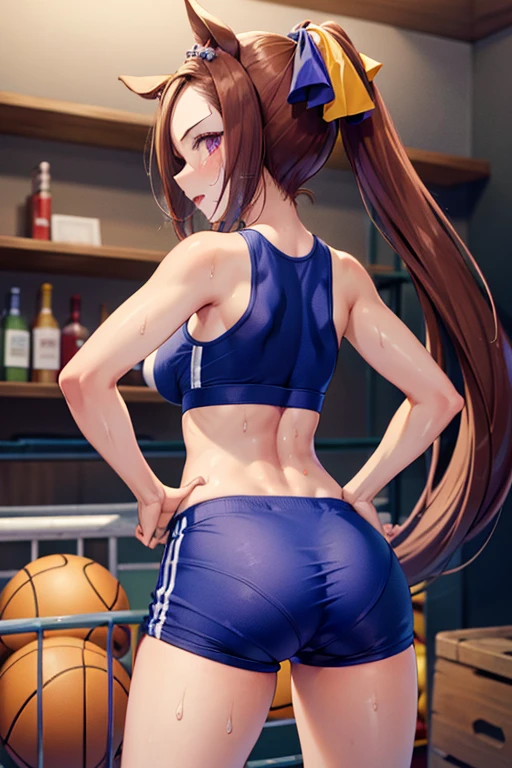 sakura bakushin o \(umamusme\) in sexy mini shorts and sports bra, crouched deadlifting with a bar with her back facing a gym mirror, sweating, High Resulution, UHD, detailed image.