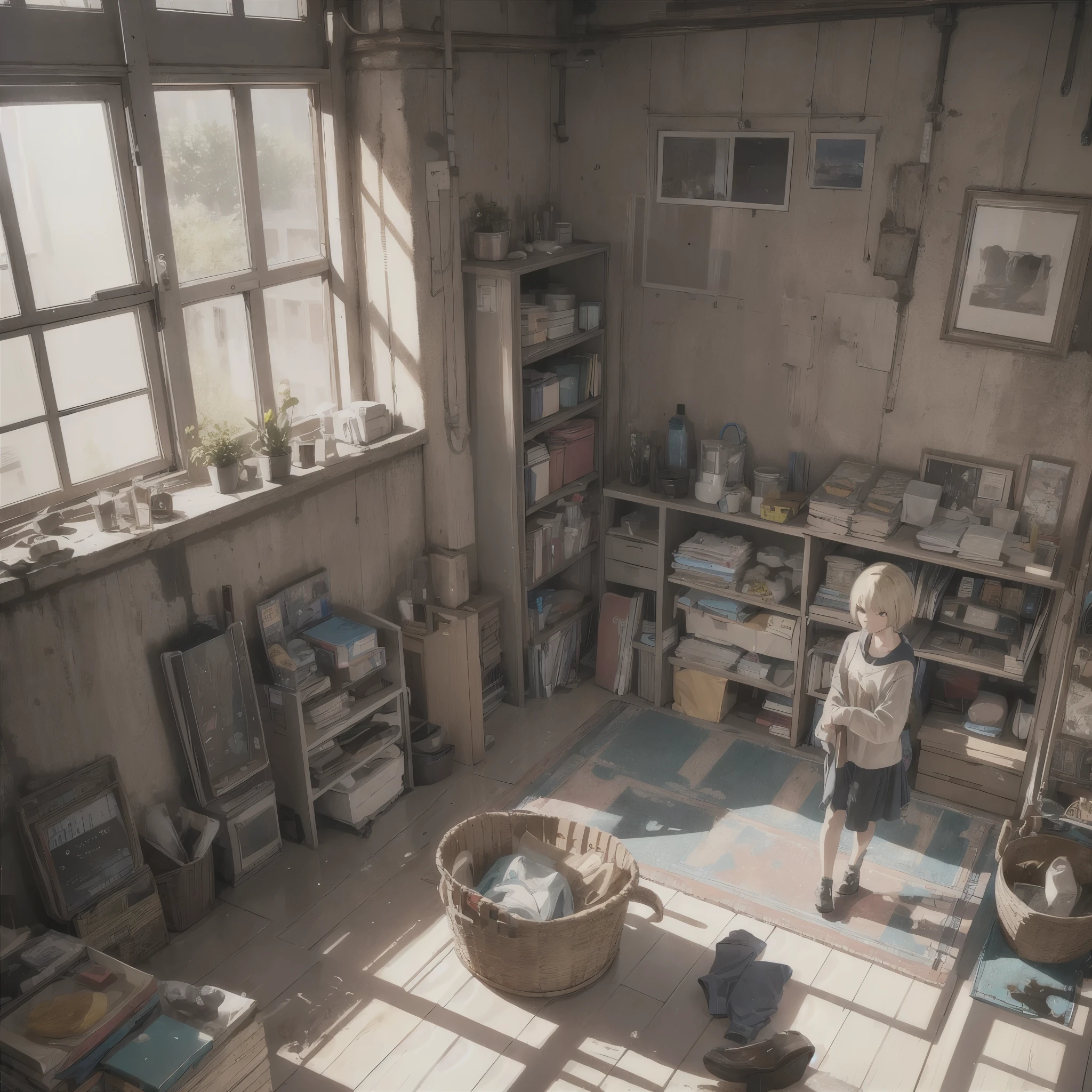 ((20-year-old woman,Blonde short bob hair,She is walking through an empty room)),Huge kids room,room in underground,A room with children's graffiti,Messy room,Dim electricity,Dimly lit room,There are monsters in the room,Uneasy atmosphere,