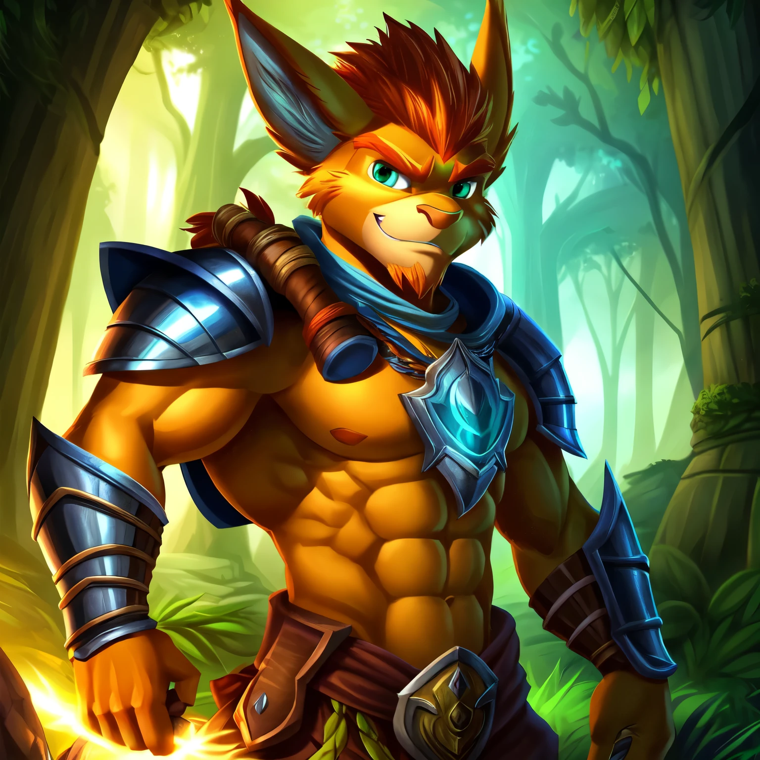 (ultra detailed), a magnificent full-size portrait of Jak, the renowned hero from Jak and Daxter, showcasing his superbly muscled physique. He is attired in the heroic armor of Zeya, a knight from Knights of the Zodiac. The armor, adorned with intricate designs, accentuates his powerful build. Jak's steely gaze and determined expression radiate strength and resolve. The scene is set in a mystical forest, and the portrait is bathed in cenematic lighting, casting deep shadows and highlighting the texture and details of the armor and Jak's muscular form. Jak's beard and short hair are neat