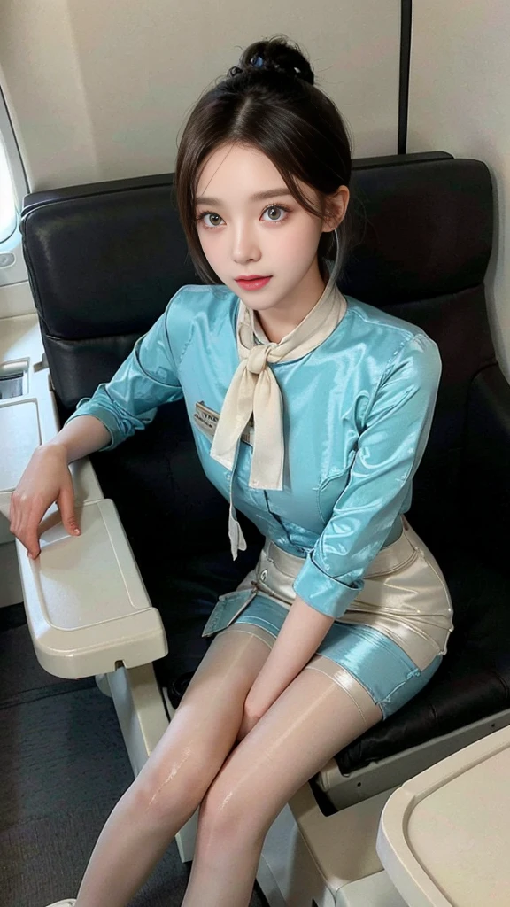 ((Incredibly stylish and beautiful)), ((really meticulous CG)), (realistic)、(intricate details:1.2)、(masterpiece、:1.3)、(top quality:1.4)、(Ultra A high resolution:1.2)、Ultra A high resolution, 8K resolution, Very detailed expression, studio soft light, vivid details, super detailing, complete anatomy, realistic skin texture, realistoc shading, (Highly detailed CG Unity 16k wallpaper), (High Quality), full body photo, 1 girl, (korean 1.3), (facial makeup : 1.4), beautiful: 1.3, a little smile, walking, ((crew cut, bun hair, flight attendant hair style)), perfect figure, femur, medium chest, Medium Body, Korean flight attendant, (Flight attendant uniforms),(Flight attendants in uniform), detail face, warm gaze, clear eyes, beautiful detailed eyes, small nose, small head, silk petit scarf, flesh-colored shiny pantyhose : 1.5, court shoes)), air terminal, airline on board, check the cabin, random color : 1.2, boarding an airplane, passengers seated, detailed background