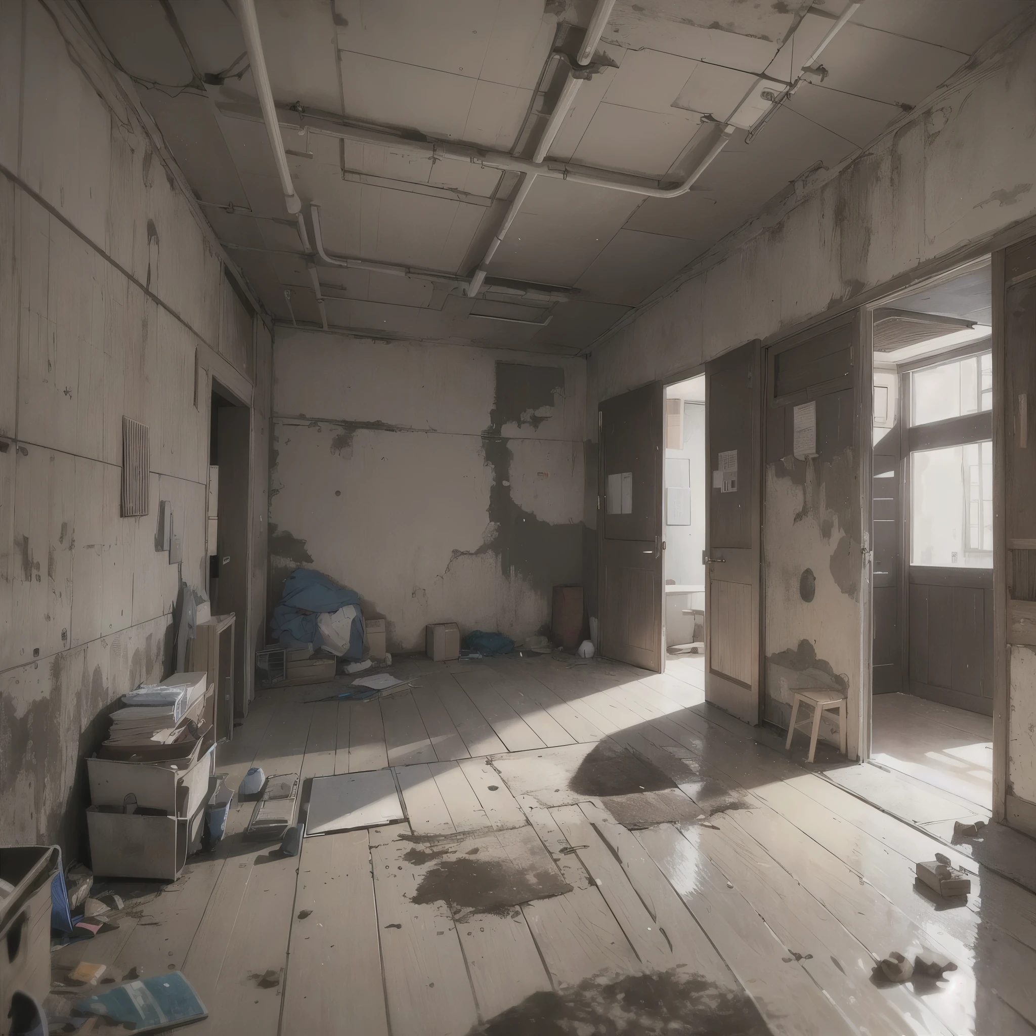 ((20-year-old woman,Blonde short bob hair,She is walking through an empty room)),Huge kids room,room in underground,A room with children's graffiti,Messy room,Dim electricity,Dimly lit room,There are monsters in the room,Uneasy atmosphere,
