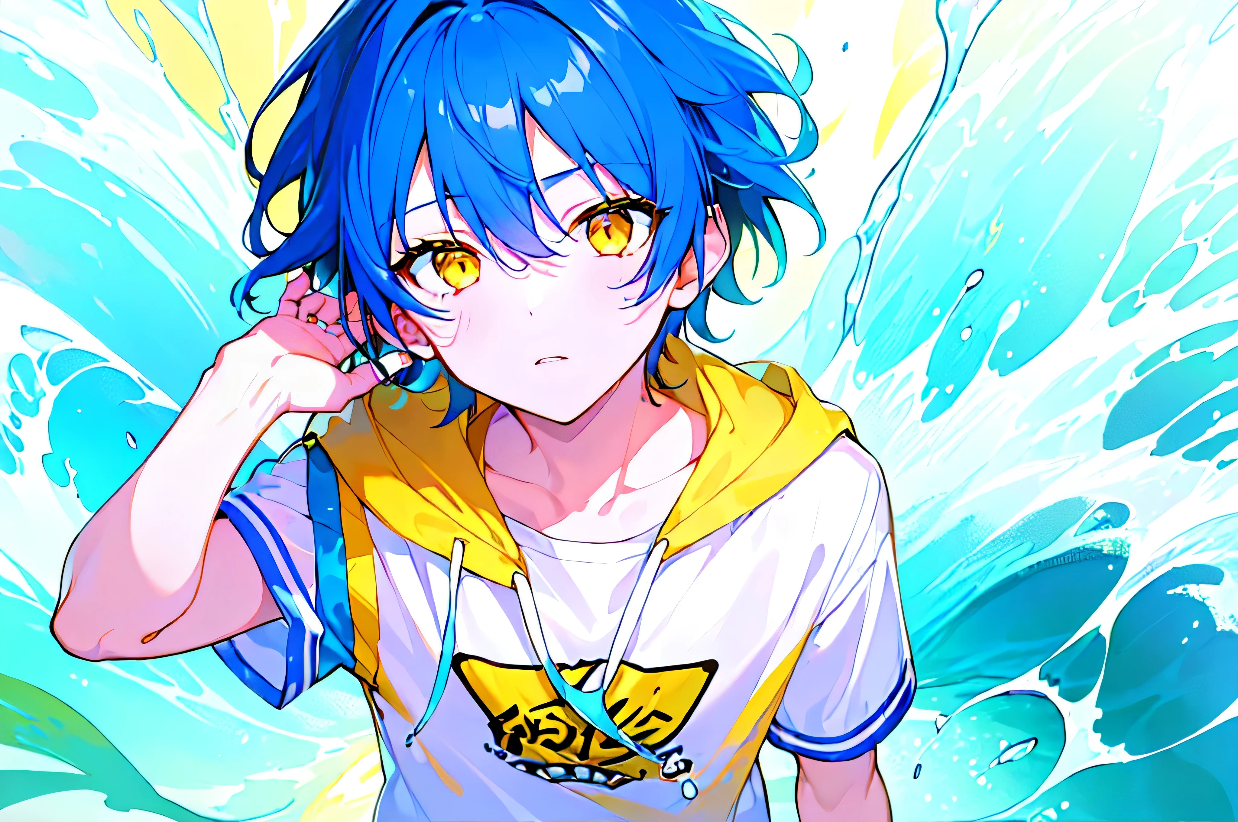 [(WHITE BACKGROUND:1.5),::5], ((((masterpiece)))), high quality, very_high_resolution, large_filesize, upper body, full color, ((younger boy)), 13 old year, short deepblue hair, vivid color, ((yellow eye)), Summer clothes white, animestyle, (NeonSoda Splash effect:1.3)