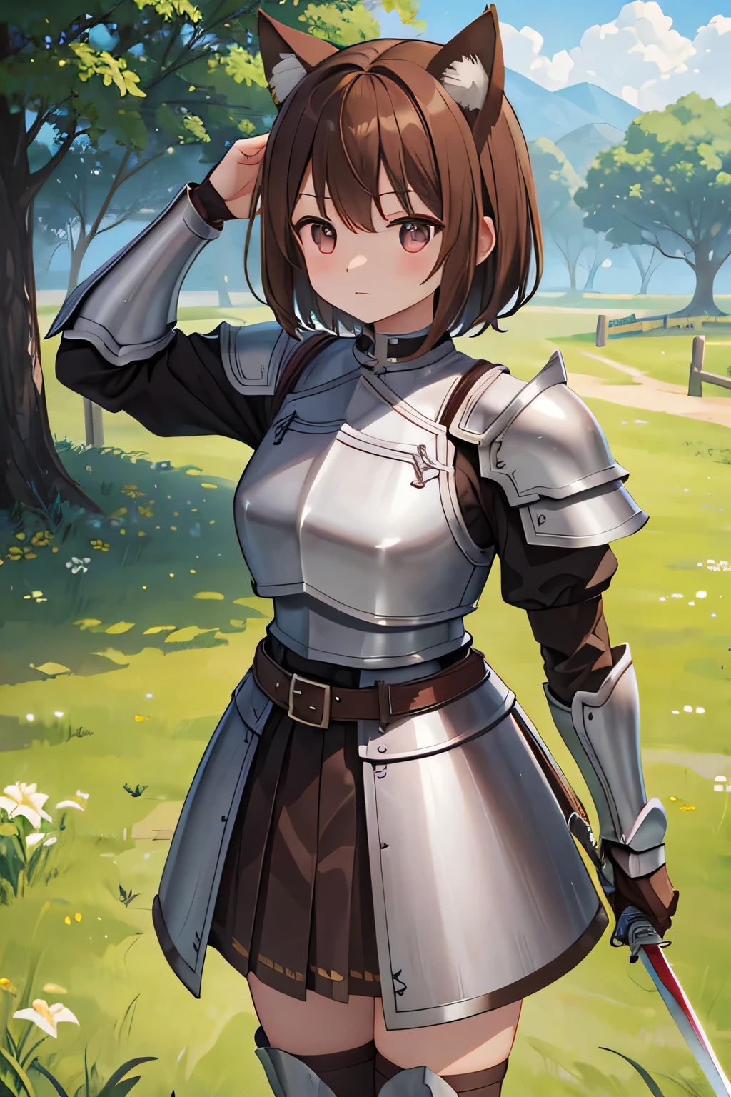 highest quality、、Dog ears、Brown hair short、leather armor、Metal shield in left hand、Great sword in right hand、grassland