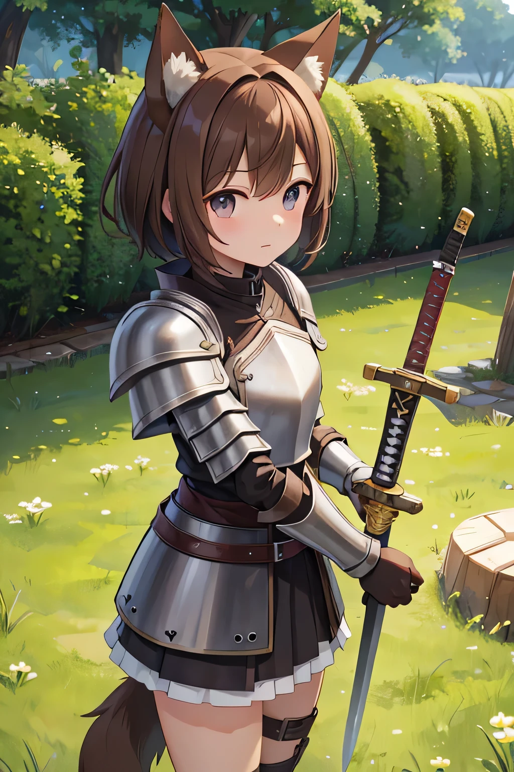 highest quality、、Dog ears、Brown hair short、leather armor、Metal shield in left hand、Great sword in right hand、grassland